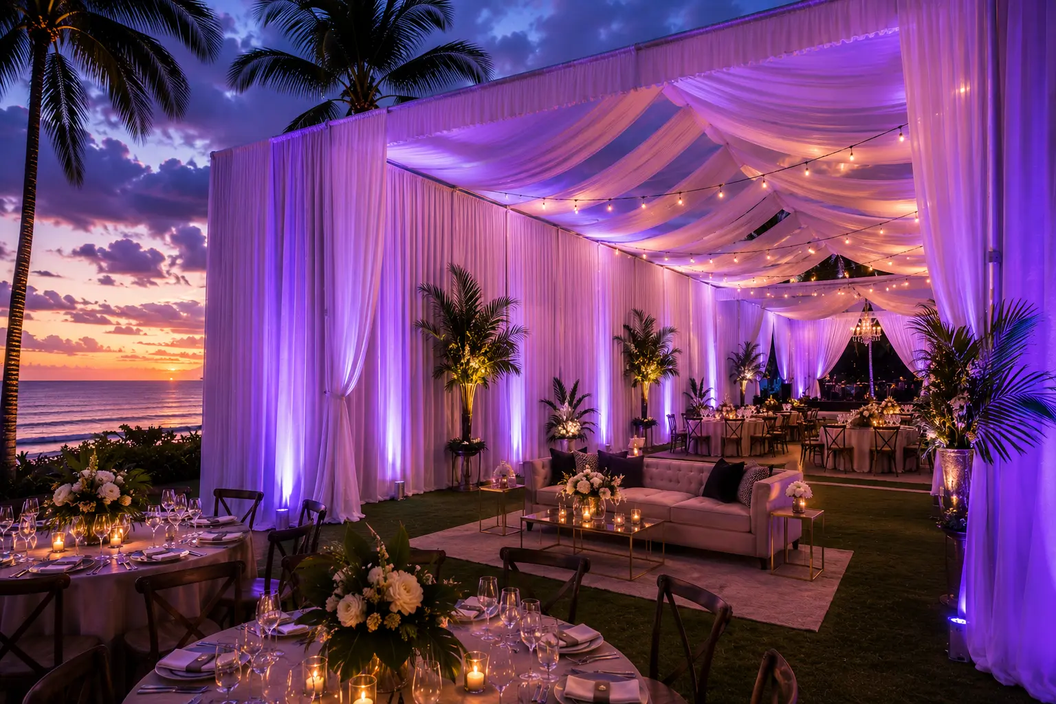 Elegant white draping over an oceanfront reception