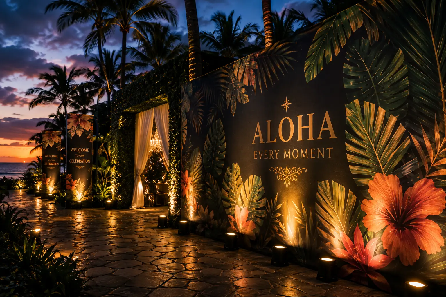 A large-format printed welcome wall and banners