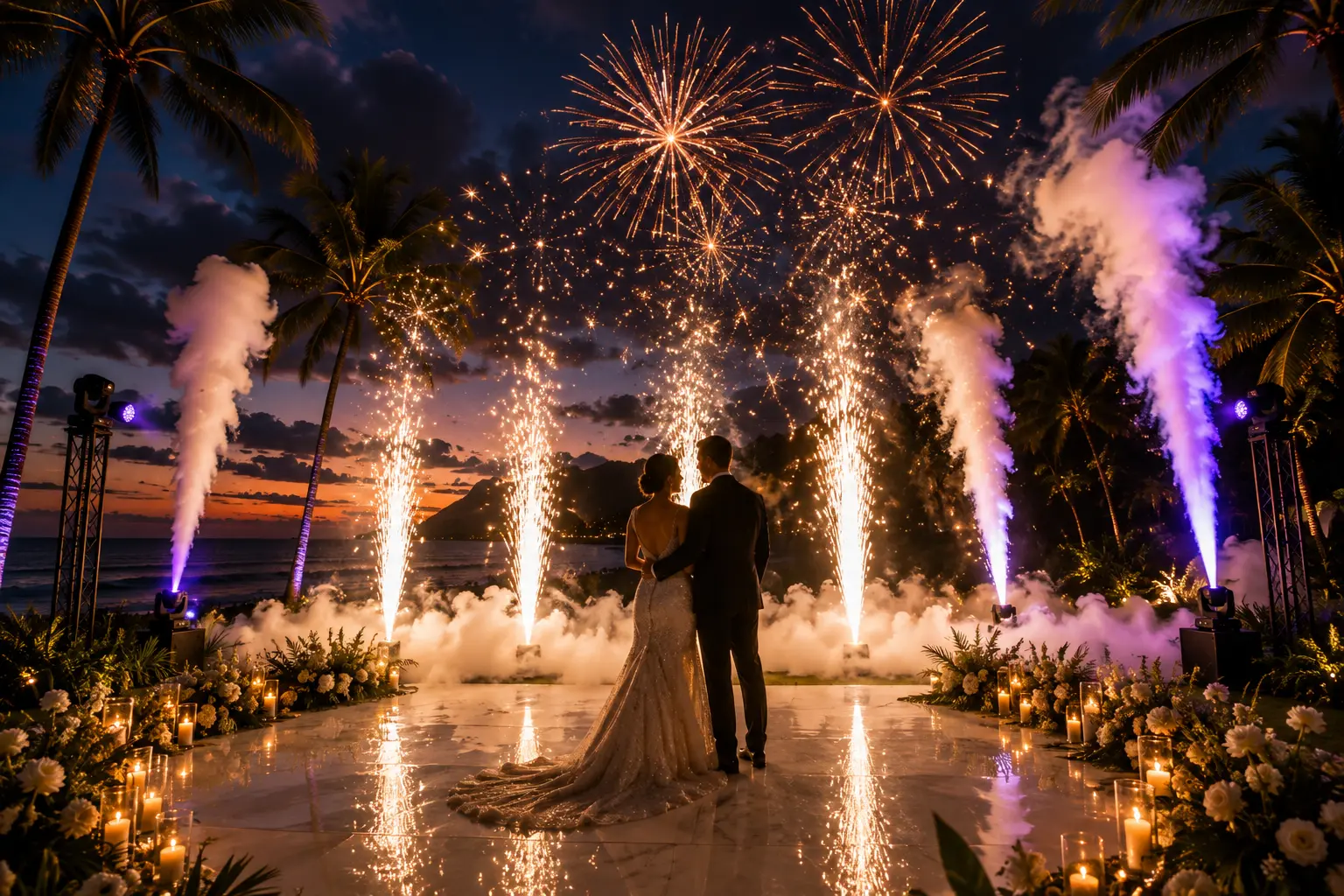 Cold sparks and fireworks framing a couple