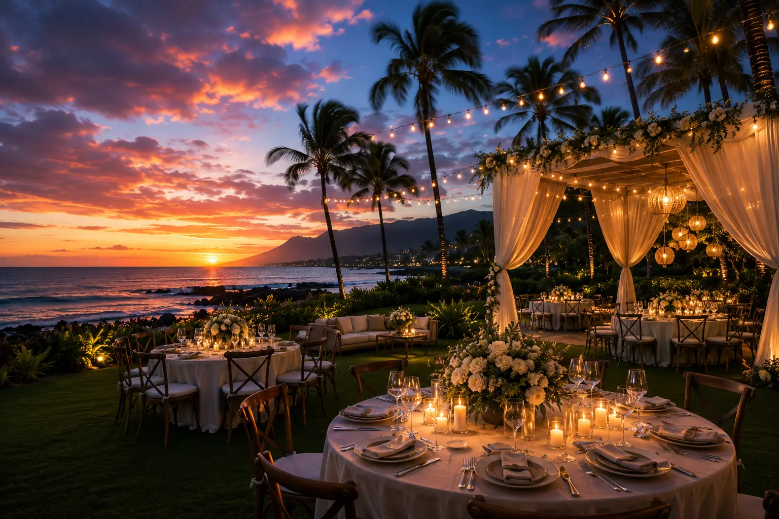 A styled oceanfront reception at sunset, ready for guests