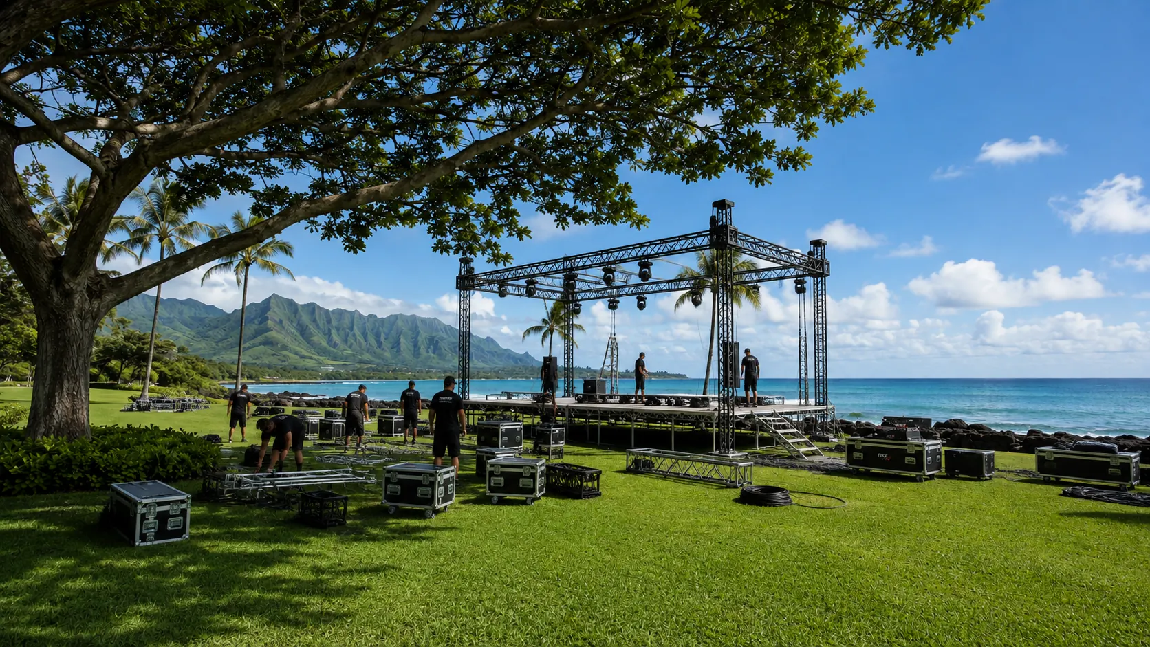Staged production scene: an oceanfront lawn mid-build, staging and rigging going in