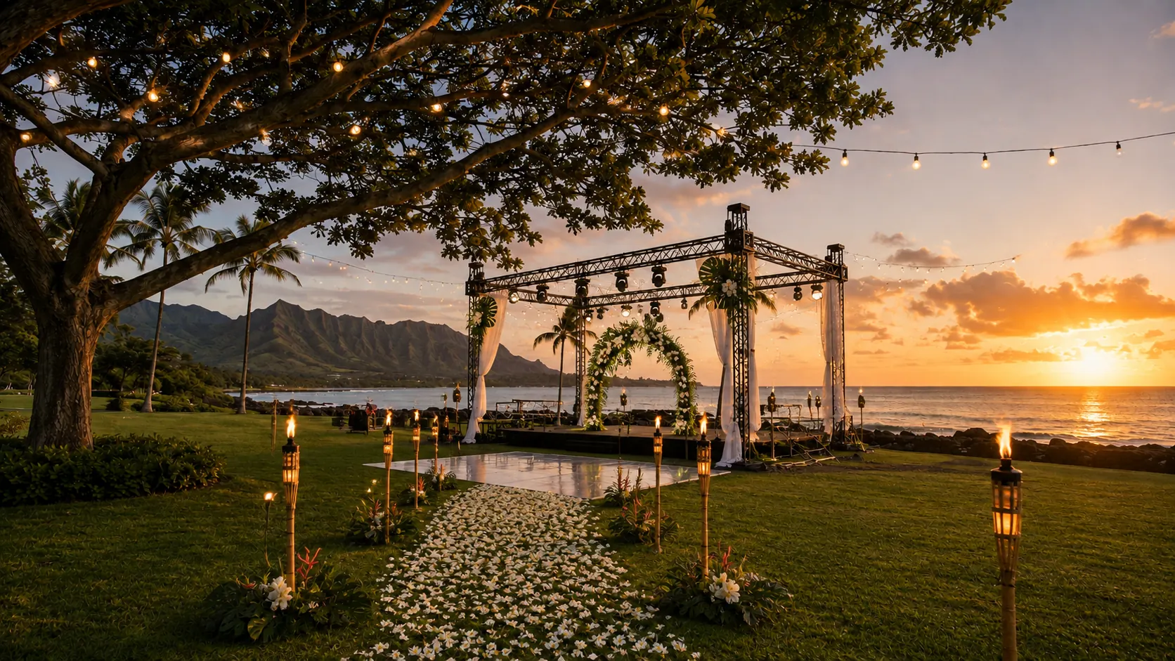 Staged production scene: an oceanfront venue lit and show-ready at golden hour