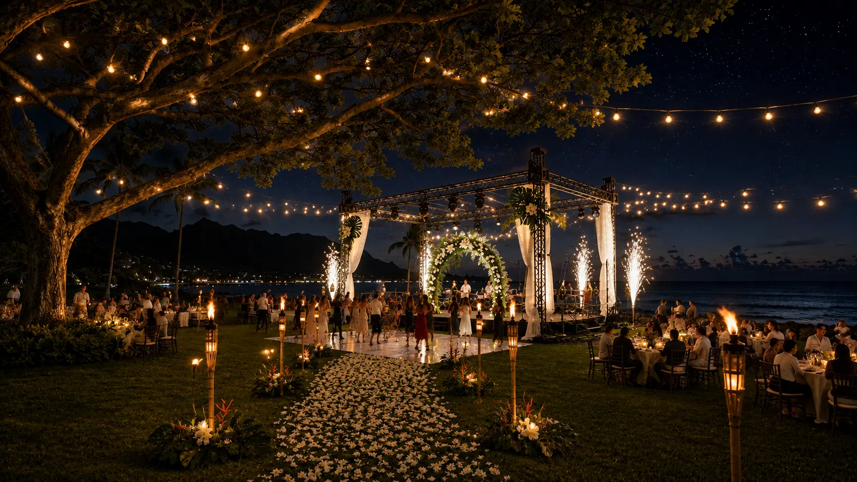 Staged production scene: an oceanfront celebration lit for a night event