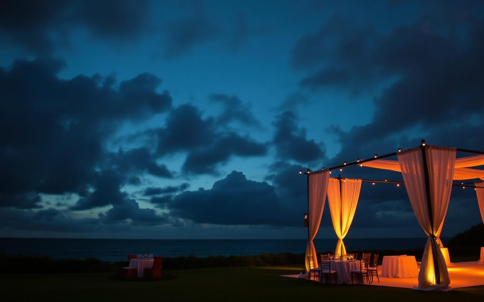 Oceanfront wedding setting lit at dusk